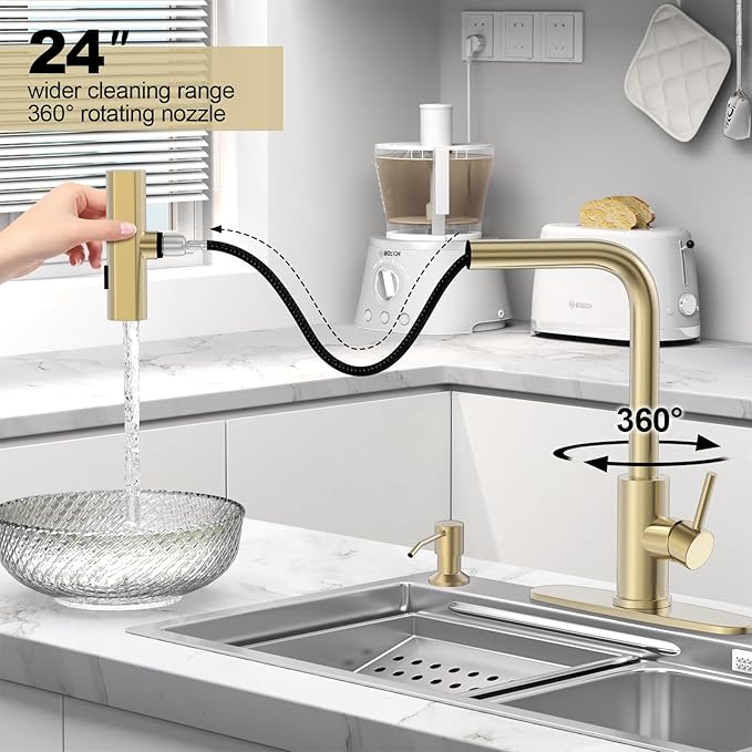 AVSIILE Brushed Gold Waterfall Kitchen Faucets with Pull Down Sprayer & Soap Dispenser, Single Hole & Handle, Pull Out Tap, Stainless Steel Sink Faucet, Suitable for Farmhouse Camper Laundry Rv Bar
