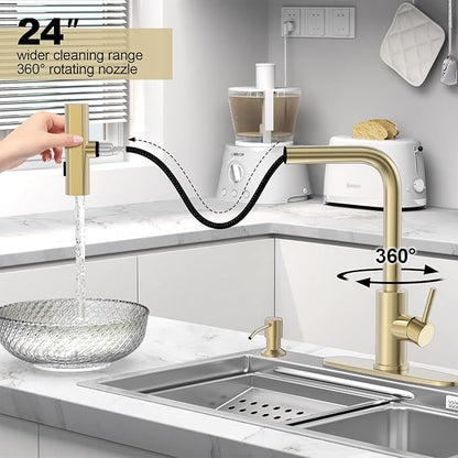 AVSIILE Brushed Gold Waterfall Kitchen Faucets with Pull Down Sprayer & Soap Dispenser, Single Hole & Handle, Pull Out Tap, Stainless Steel Sink Faucet, Suitable for Farmhouse Camper Laundry Rv Bar