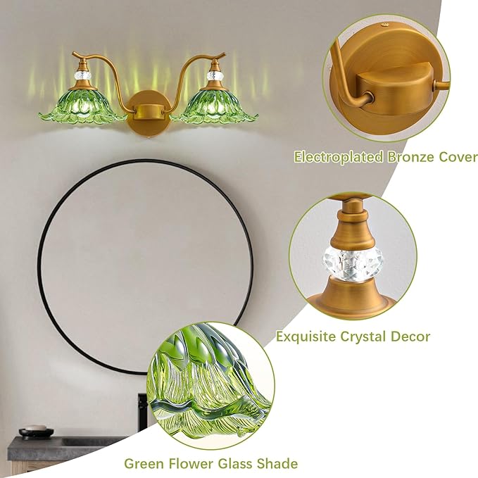 Vintage Bathroom Vanity Light Fixtures - 2 Light Antique Brass Bathroom Lights Fixture Over Mirror with Green Flower Glass,Retro Brushed Gold Bronze Wall-Mounted Vanity Lighting for Powder Room
