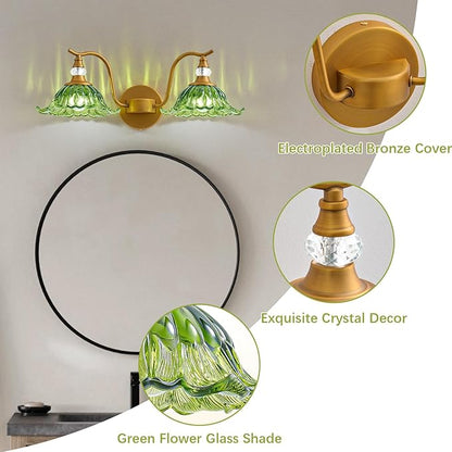 Vintage Bathroom Vanity Light Fixtures - 2 Light Antique Brass Bathroom Lights Fixture Over Mirror with Green Flower Glass,Retro Brushed Gold Bronze Wall-Mounted Vanity Lighting for Powder Room