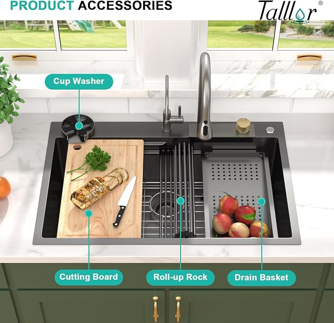 33x22 Gunmetal Black Drop In Kitchen Sink with Faucet, Waterfall Feature & Cup Washer, 16 Gauge 304 Stainless Steel, Workstation Accessories 3-Hole Sink for Residential Kitchen #TLWF-0001