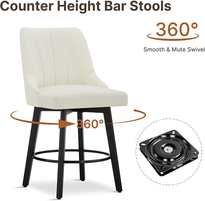 24" Counter Height Bar Stools Set of 4, Swivel Bar Stools with Backs, Fabric Upholstered Counter Barstools with Solid Wood Legs for Kitchen Island,Ivory