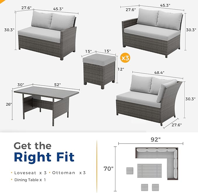 Wisteria Lane 7 Piece Patio Furniture Set, High Curved Back Wicker Patio Sectional, All Weather Outdoor Dining Set, Outdoor Furniture Patio Conversation Set with Ottoman, Ash Gray