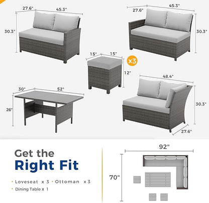 Wisteria Lane 7 Piece Patio Furniture Set, High Curved Back Wicker Patio Sectional, All Weather Outdoor Dining Set, Outdoor Furniture Patio Conversation Set with Ottoman, Grey