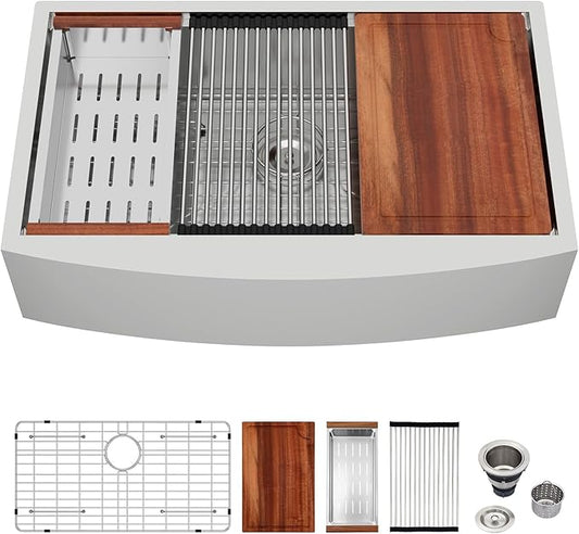 Logmey 33" Apron Front Farmhouse Kitchen Sink,33x21 ALL in One Premium 16 Gauge Stainless Steel Workstation,Deep Single Bowl Sinks,Ideal for Home Cooking,Cleaning & Daily Kitchen Use,Noise Reduction