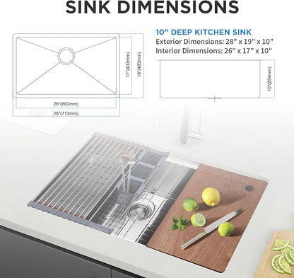 SANYCASA 28 Inch Undermount Kitchen Sink with Quiet Drain - 11 Gauge Stainless Steel, Single Bowl - Multifunctional Handmade Modern Integrated Ledge Workstation Set -