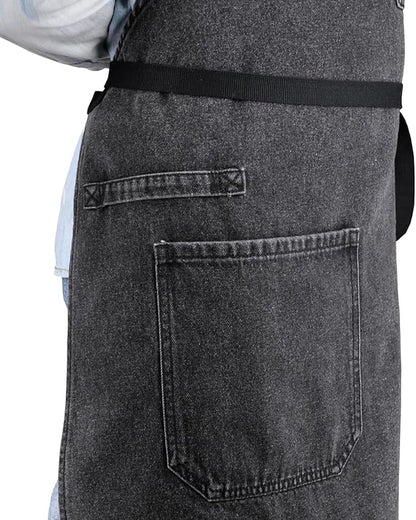 Denim Apron with Pockets, Professional for Mens Womens Chef Kitchen Cooking Grill BBQ Painting Baking, Black Bib with Towel Loop & Adjustable Neck Strap (Black Denim -2)