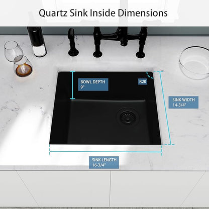 Black Bar Sink,Black Granite Composite Kitchen Sink With Accessories,19 Inch Undermount Quartz Stone Kitchen Sinks,19" x 17" x 9 Black Kitchen Sink with Offset Drain