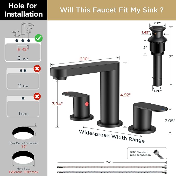 QFN Matte Black Bathroom Faucets 3 Hole, 8 inch Widespread Bathroom Faucet with Pop Up Drain and 24" cUPC Supply Hoses, Lead-Free Two Handles Suitable for 6-12 Inch RV, Restroom, Vanity Sink