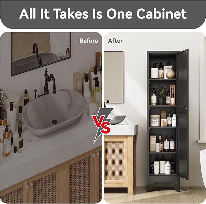 67" Tall Storage Cabinet with Reversible Doors and Adjustable Shelves,Metal Slim Freestanding Cabinet for Bathroom Kitchen Garage Small Spaces,Black,1 Pack