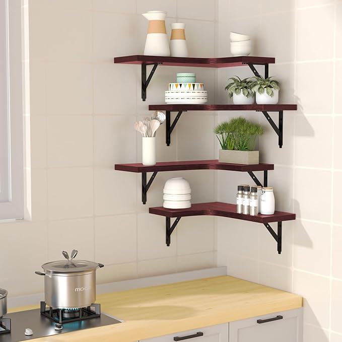 ROMGUAR CRAFT Corner Floating Shelves Wall Mounted Set of 4, Rustic Wood Storage Display Wall Shelves for Home Decor, Bathroom, Kitchen, Bedroom, Living Room, Office (Red)