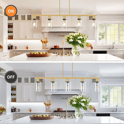 5-Light Kitchen Island Lighting Gold Adjustable Chandelier, Farmhouse Dining Room Light Fixtures Over Table, Height Adjustable Linear Pendant Light Fixture with Clear Glass Shade for Kitchen