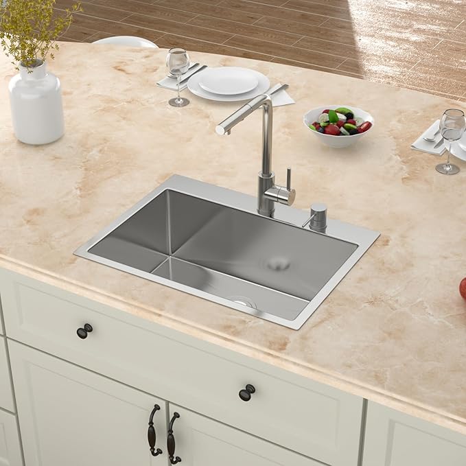 24 Inch Drop In Kitchen Sink- Top Mount Sink 24x18 Inch 9" Deep 304 Stainless Steel Sinks 16 Gauge Countertop Single Bowl Kitchen Sinks With Assembly