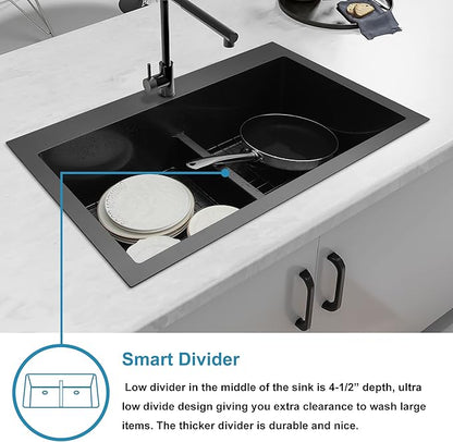 LQS Black Kitchen Sink, 33x22 Drop In Kitchen Sink Black, Top Mount Stainless Steel Sink, Large Capacity, 50/50 Double Bowl Sink with Unique Low-Divider Design For Easier Rinsing and Cleaning