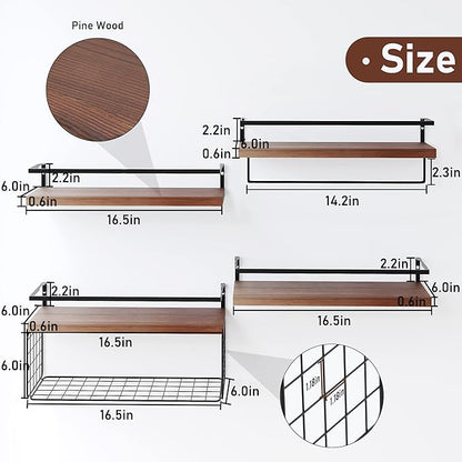 Wood Floating Shelves Wall Mounted - 4+1 Tier Rustic Bathroom Wall Shelves Over Toilet with Wire Storage Basket and Towel Bar, Set of 4 Farmhouse Floating Shelf for Bathroom, Kitchen, Bedroom.