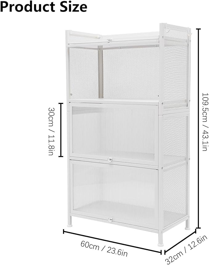 Gdrasuya10 White Kitchen Pantry Storage Buffet Cabinet, 3 Tier Metal Pantry Cabinet with Folding Doors Freestanding Kitchen Storage Cabinet Suitable for Kitchen (43'' H)