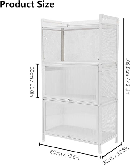Gdrasuya10 White Kitchen Pantry Storage Buffet Cabinet, 3 Tier Metal Pantry Cabinet with Folding Doors Freestanding Kitchen Storage Cabinet Suitable for Kitchen (43'' H)