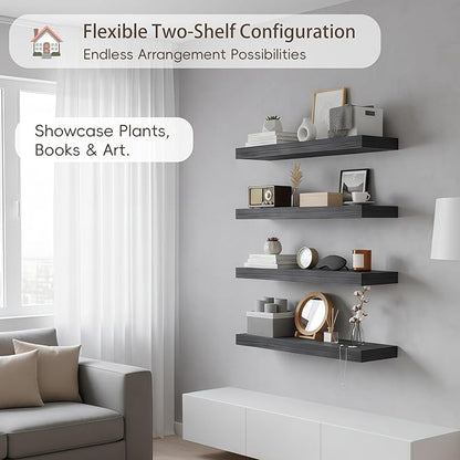 Lufia Floating Wall Shelves, Set of 4, MDF with Invisible Brackets, Modern Storage for Bedroom, Bathroom, Living Room, Kitchen (Black, 15.8" W x 5.5" D x 1.2" H)