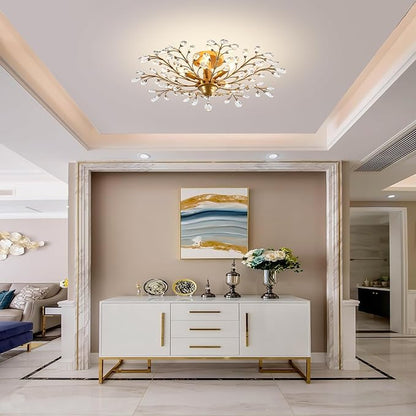 Ganeed Crystal Chandeliers,Vintage K9 Clear LED Ceiling Lighting,Edison Pendant Light Flush Mounted Fixture with 5 Light for Living Room Dinning Room Restaurant Porch Hallway (Gold)