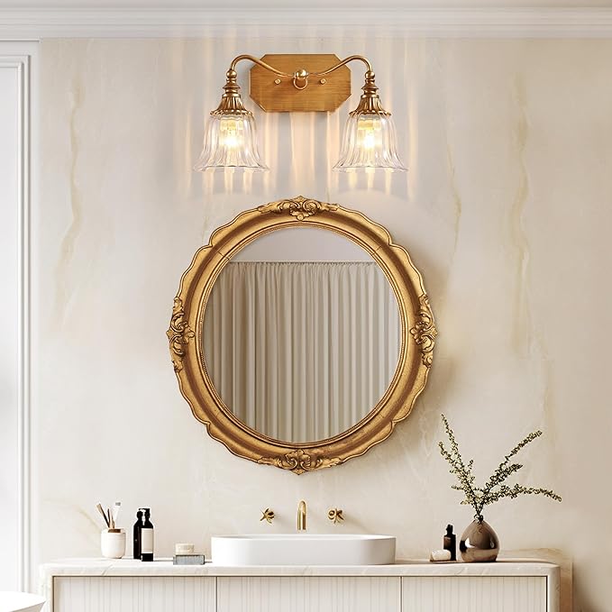LmnLvn Bathroom Vanity Gold Light Fixture, 2 Lights Bathroom Lighting Matte Antique Brass Finish with Crystal Glass Shade, Gold Vintage Vanity Light for Bathrooms
