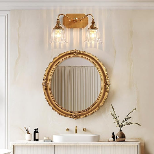 LmnLvn Bathroom Vanity Gold Light Fixture, 2 Lights Bathroom Lighting Matte Antique Brass Finish with Crystal Glass Shade, Gold Vintage Vanity Light for Bathrooms