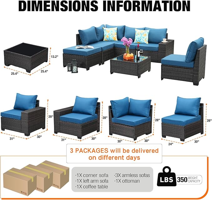 JOYURE 8 Pieces Patio Furniture Set All-Weather Outdoor Wicker Sectional Conversation Sofa Rattan Patio Seating Sofa with Cushion and Glass Table for Porch Poolside,Peacock Blue