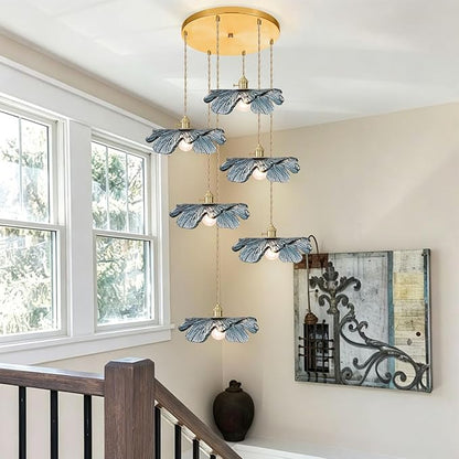 Foyer Chandelier for High Ceilings long Blue Floral pendant light Mid Century Glass Hanging Ceiling light Brushed Gold Flush Mount Ceiling Chandeliers for Staircase Entryway Living, Adjustable Height