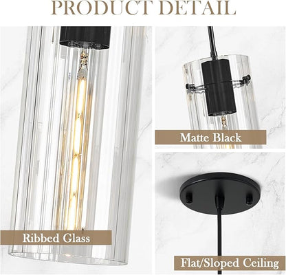 Glass Black Pendant Light, 3 Pack Modern Kitchen Island Pendant Lighting with Ribbed Glass, Adjustable Cord Minimalist Pendant Light for Over Island, Dining Room, Bathroom Bedroom