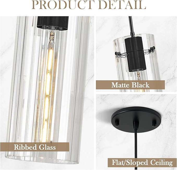 Glass Black Pendant Light, 2 Pack Modern Kitchen Island Pendant Lighting with Ribbed Glass, Adjustable Cord Pendant Light for Over Island, Dining Room, Bathroom Bedroom