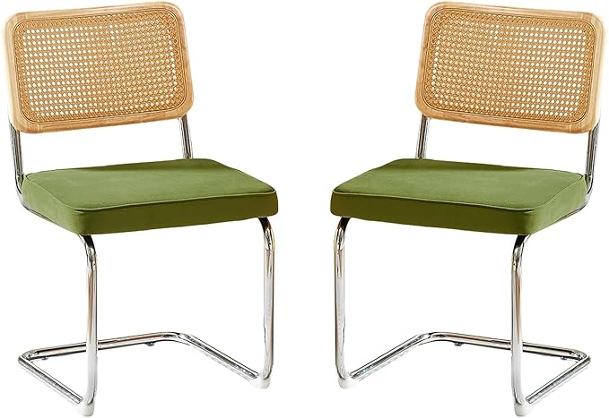 Rattan Back Velvet Dining Chair Set of 2 Modern Breuer Designed Stainless Chrome Base Armless Upholstered Dining Chair for Dining Room, Kitchen Island(Olive Green)