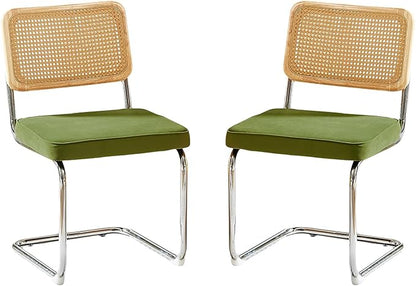 Rattan Back Velvet Dining Chair Set of 2 Modern Breuer Designed Stainless Chrome Base Armless Upholstered Dining Chair for Dining Room, Kitchen Island(Olive Green)