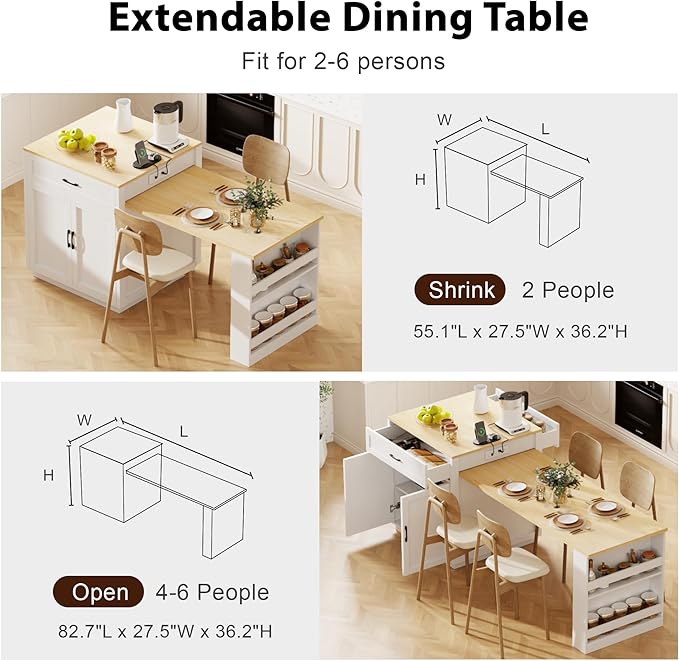 Modern Dining Table 82.7 Inch Kitchen Island with Extendable Table for 4-6 Person, Faux Marble Kitchen Table with, Power Outlet, Wood,White-Wood