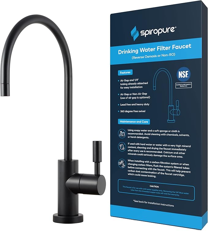 SpiroPure NSF-Certified Lead-Free Air Gap RO Faucet, Matte Black/Oil Rubbed Bronze, Reverse Osmosis Replacement Water Filter Faucet, 3 Line Filtered Faucet, SP-FC100-BK
