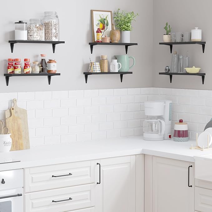 Wallniture Arras Wood Floating Shelves for Wall Storage, Small Bookshelf, Hanging Book Shelves for Living Room, Bedroom, Office, Burnt Finish, Set of 10 (Black)