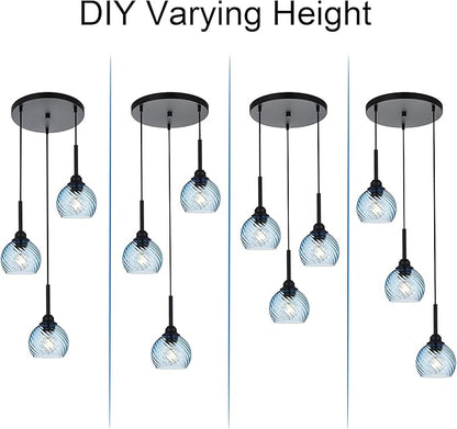 3 Light Pendant Lighting with Striped Swirl Globe Glass Blue Cluster Pendant Light for Kitchen Island, Modern Dining Room Light Fixtures Over Table Hanging Ceiling Light, E26 Base