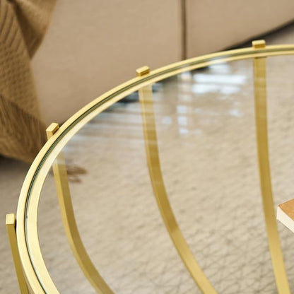 Saint Mossi Gold Drum Coffee Table for Living Room, Modern 2-Tier Glass Round Center Table, Clear Glass Top, Glass Shelf with Gold Finish Legs & Frame, W30xH16.5