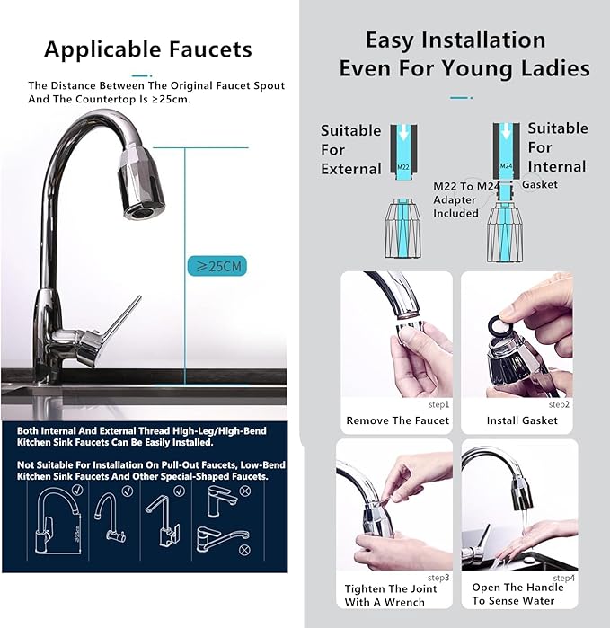 Smart Touchless Faucet Adapter, 2024 New Updated Automatic Sensor Faucet Adapter, Touchless Bathroom Faucet, Sensor Water Saving Faucet Adapter with Revolutional Bubbler, Splash Prevention (2SETS)