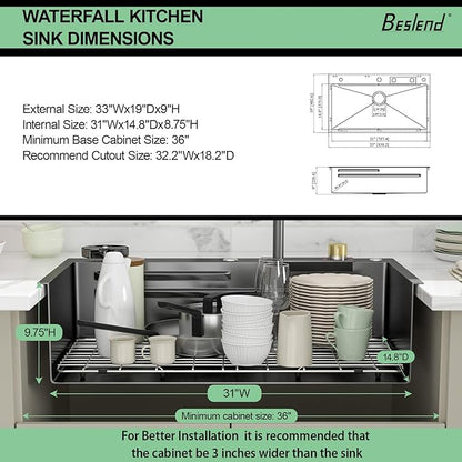 33 Inch Black Waterfall Kitchen Sink - Beslend 33x22 Drop In Waterfall Sink Nano Black Workstation Smart Sinks 16 Gauge Stainless Steel Single Bowl Dish Basin with Faucet Combo