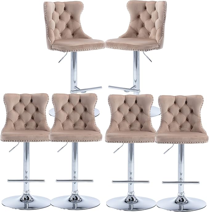 Rhomtree Velvet Swivel Bar Stools Upholstered Bar Stool with Button Tufted Back and Pull Ring Height Adjustable Barstools 25-33 Inch for Home Pub and Kitchen Island (Khaki with Silver Base, Set of 6)