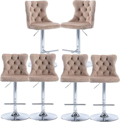 Rhomtree Velvet Swivel Bar Stools Upholstered Bar Stool with Button Tufted Back and Pull Ring Height Adjustable Barstools 25-33 Inch for Home Pub and Kitchen Island (Khaki with Silver Base, Set of 6)