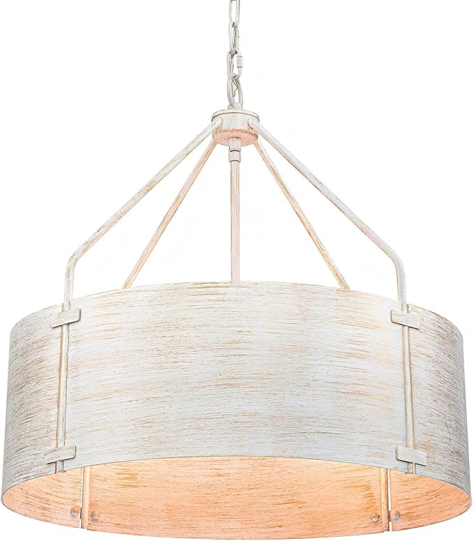 Drum Chandeliers for Dining Room,22" Distressed White Metal Dining Room Light Fixture Over Table, Industrial Vintage Rustic French Pendant Light for Kitchen,Entryway,Living Room