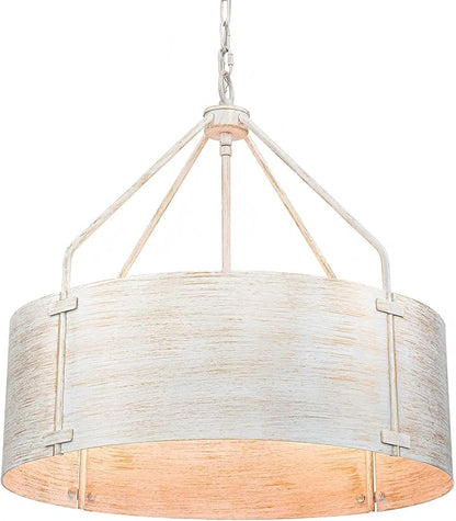 Drum Chandeliers for Dining Room,22" Distressed White Metal Dining Room Light Fixture Over Table, Industrial Vintage Rustic French Pendant Light for Kitchen,Entryway,Living Room