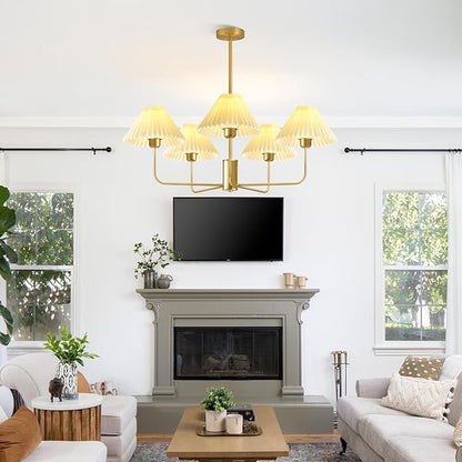 Gold Chandelier Light Fixture, 5-Lights Mid Century Chandelier with Shades for Dining Room Light Fixture, Adjustable Height White Pleated Farmhouse Pendant Light for Bedroom Ceiling Lamp