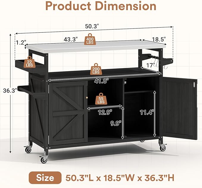 Zevemomo Outdoor Grill Cart, Stainless Steel Tabletop Outdoor Kitchen Island, Solid Wood Outdoor Buffet Cabinet with Lockable Wheels for Grilling, Black