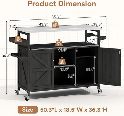 Zevemomo Outdoor Grill Cart, Stainless Steel Tabletop Outdoor Kitchen Island, Solid Wood Outdoor Buffet Cabinet with Lockable Wheels for Grilling, Black