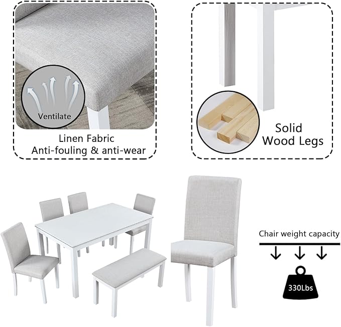 Dining Table Set for 6, 6 Piece Wooden Dining Table Set, Kitchen Furniture with Rectangular Crystal Decoration Dining Table, 4 Upholstered Chairs & Bench, Space-Efficient for Apartment, White