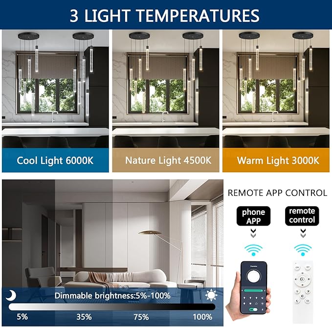 Modern Crystal Chandelier for Dining Room LED Dimmable Pendant Lights Kitchen Island Lighting Ceiling Hanging