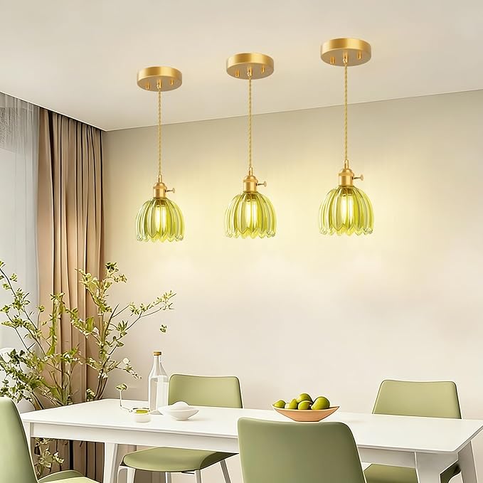 Ralbay 3 Pack Pendant Lights with Green Tulip Glass Lampshade, Mini Pendant Light Fixture with Switch, Adjustable Vintage Brass Hanging Light for Kitchen Island Bedroom Dining Room Hallway