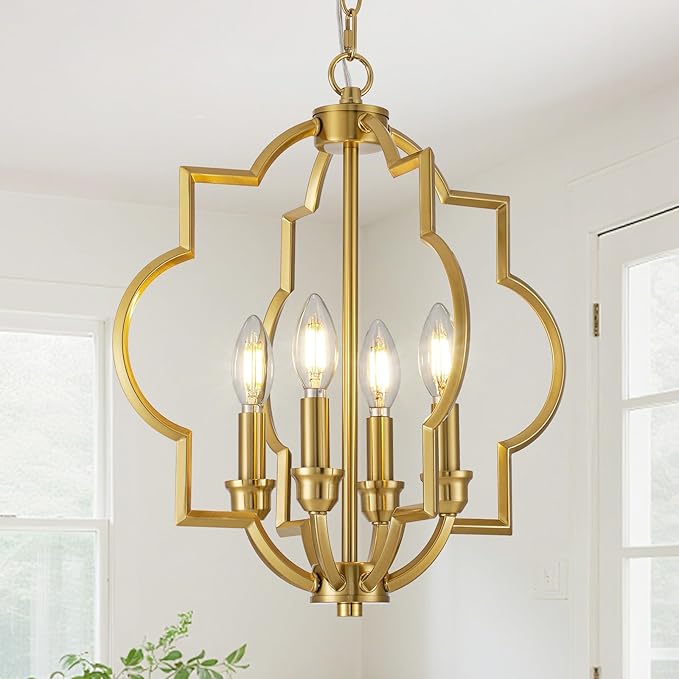4-Light Brushed Gold Chandeliers for Dining Room, 15.6" Farmhouse Geometric Pendant Light Fixture for Entryway Foyer Kitchen Bathroom Over Sink