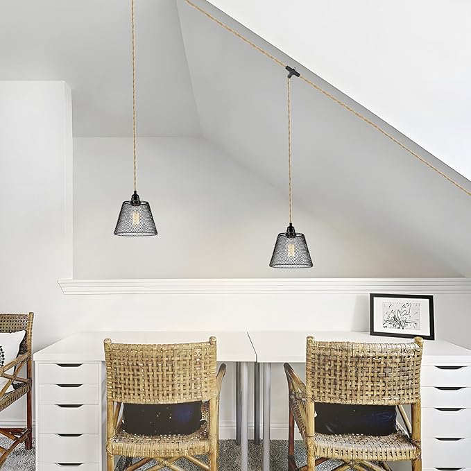 2-Light Plug in Pendant Light with Black Metal Cage Lampshade Ø20cm, E26/E27 Hemp Rope Vintage Hanging Lights Kit with Plug in Cord 19.68ft for Dining Room Living Room, No Bulb